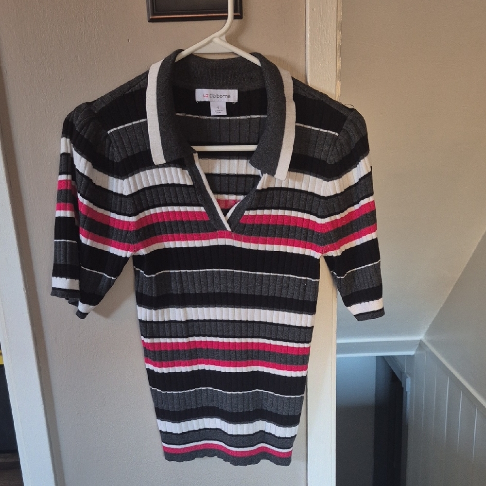 Liz Claiborne Black, Pink, and Gray Striped Top